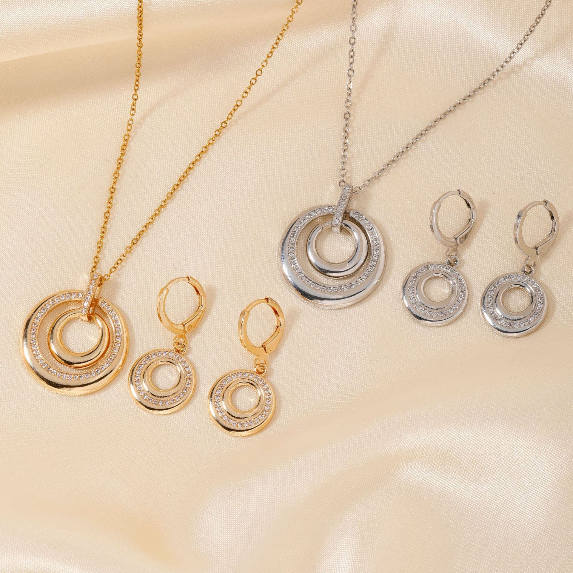 Women's Jewelry Set Simple High End Personality Retro Round Double Circle Micro Inlaid Necklace Earrings Jewelry Set