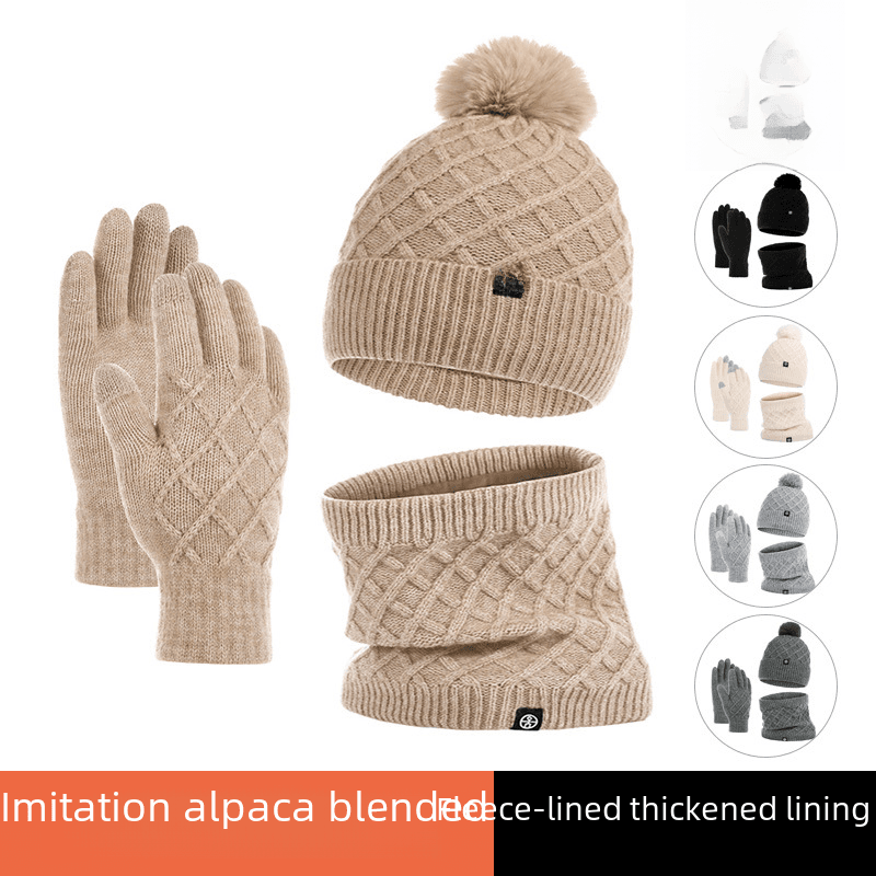 Unisex Hat, Neck, Gloves, Knitted Hat, Outdoor with Velvet Warmth, Wool Ball, Thickened Wool Hat, 3-Piece Set