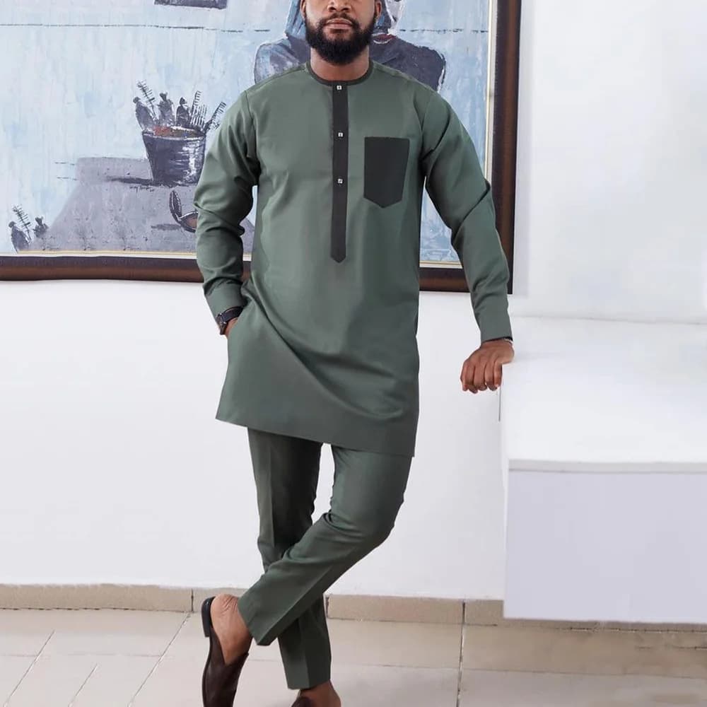 Costume noir africain décontracté brodé pour homme, manches longues, idéal pour les mariages et les banquets.