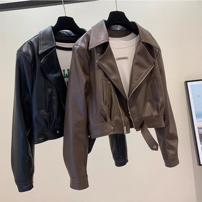 Women's Short Pu Leather Jacket Slim Fit Faux Leather Cropped Biker Jacket With Lapel Casual Chic Blazer For Spring Autumn​​
