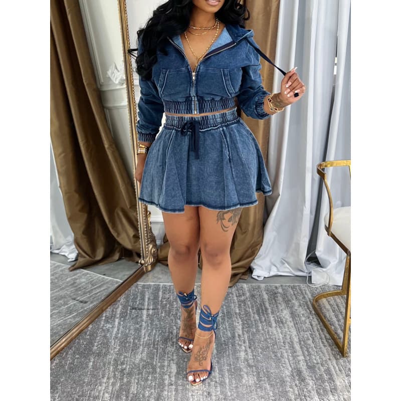 ​​Vintage Washed Denim Skirt Set - Edgy Street Style With Distressed Jacket & Mini Skirt (S-XXL, Deep Blue)​​