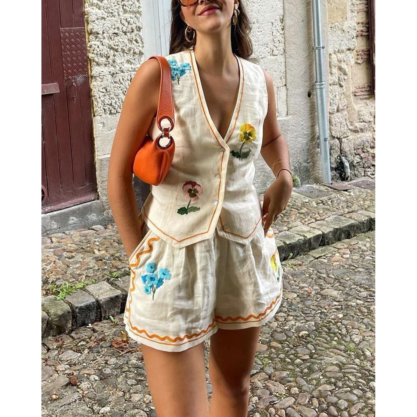 Women's new sleeveless printed vest suit INS casual loose vacation two-piece suit