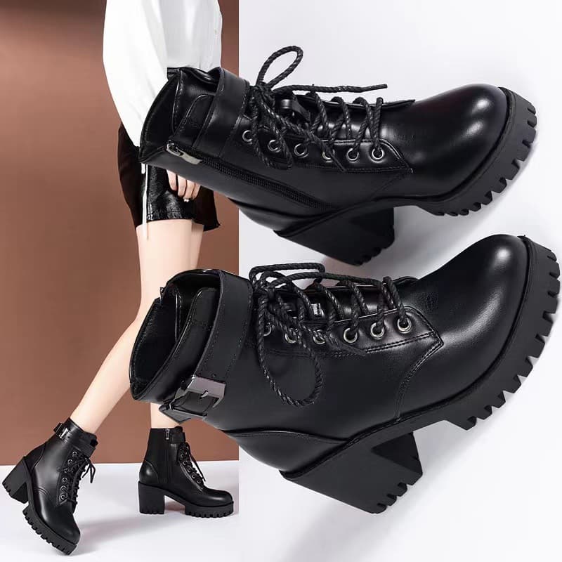 Plus Size 24 Autumn New Lace-up Round Toe Buckle Thick-soled Short For Women British Style Fashion Trendy Martin Boots