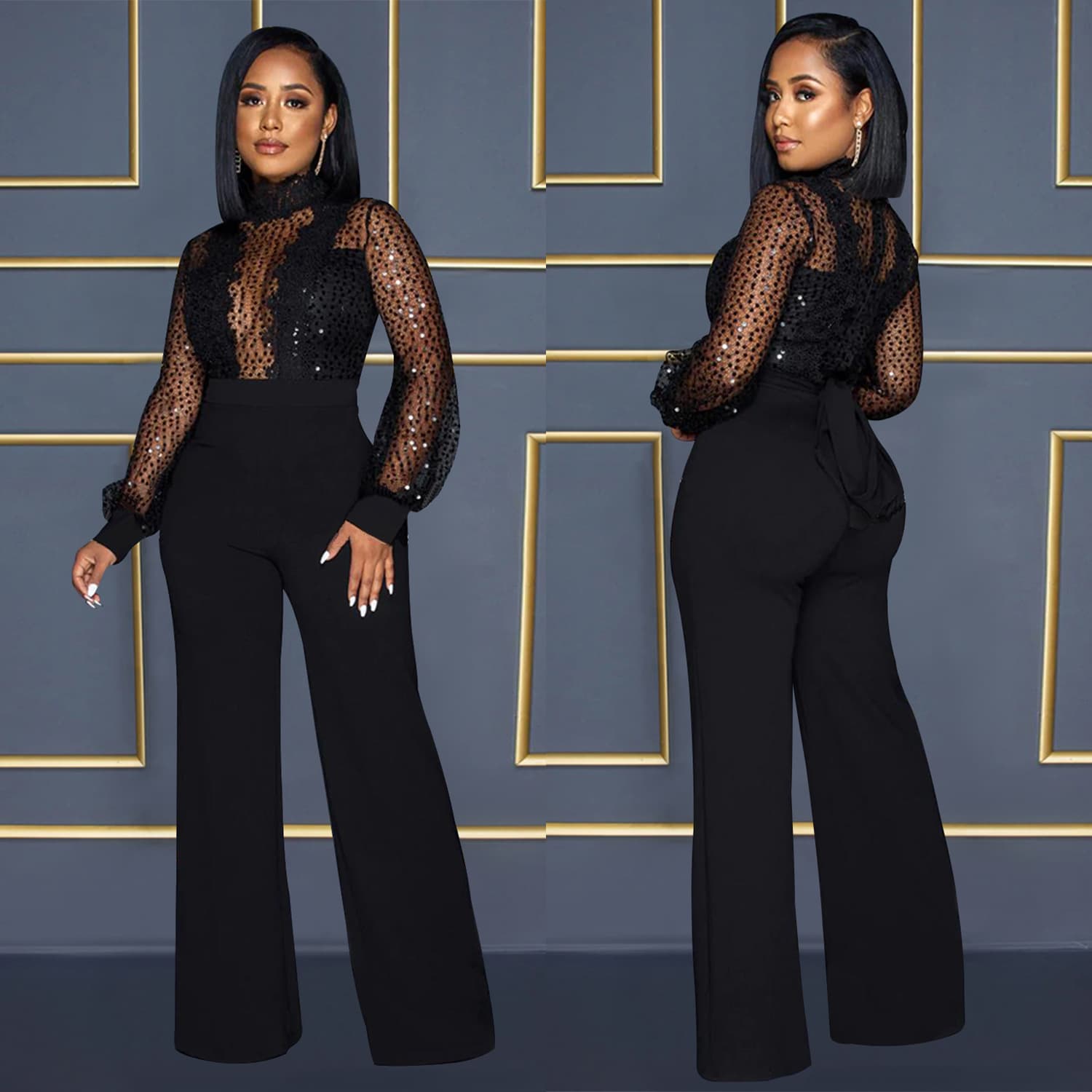 Women's openwork perspective long-sleeved trousers lace-up jumpsuit