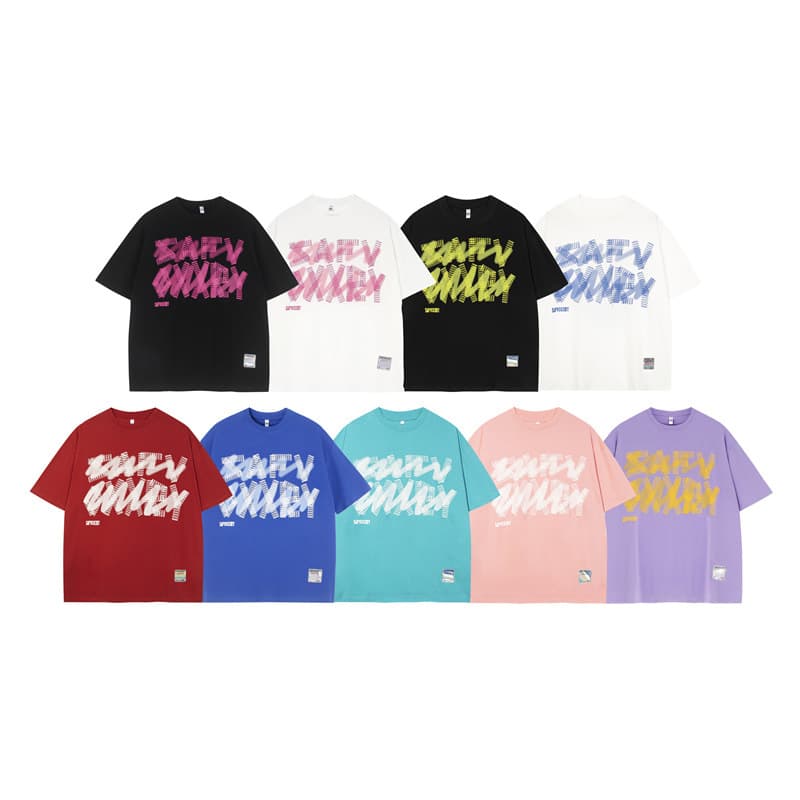 Men's Clothing Summer New National Tide Campus Style Multi-Color Letter Print Short-Sleeved Youth Popular T-Shirt Cotton