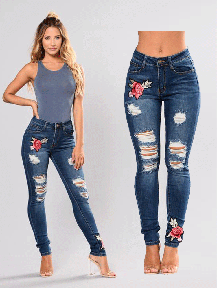 Women's Jeans Ripped Holes Embroidery Women's Jeans Trousers Small Legs
