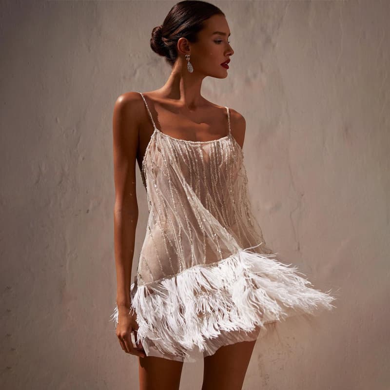 Women's Clothing Party Dress Sexy Backless Short Skirt Layered Tassel Mesh Sequin Suspender Skirt