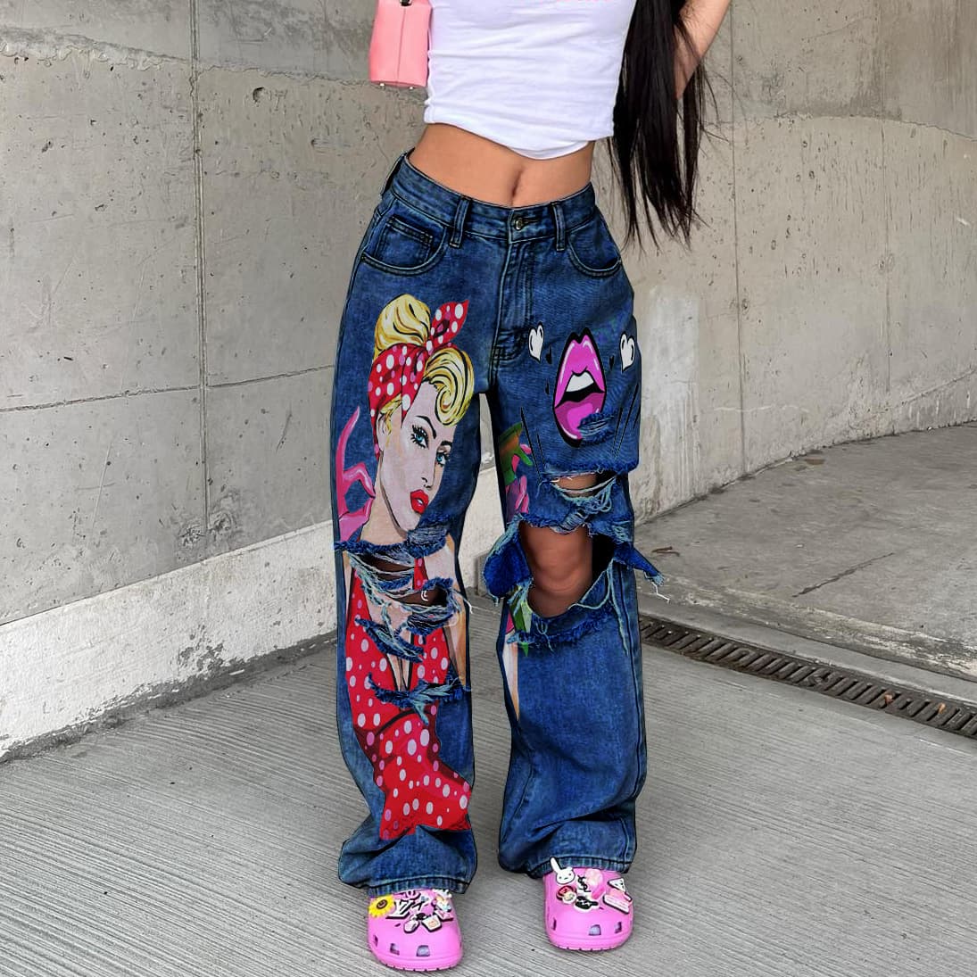 Women's 2023 Fashion New Printed Hollow Ripped Straight Trousers