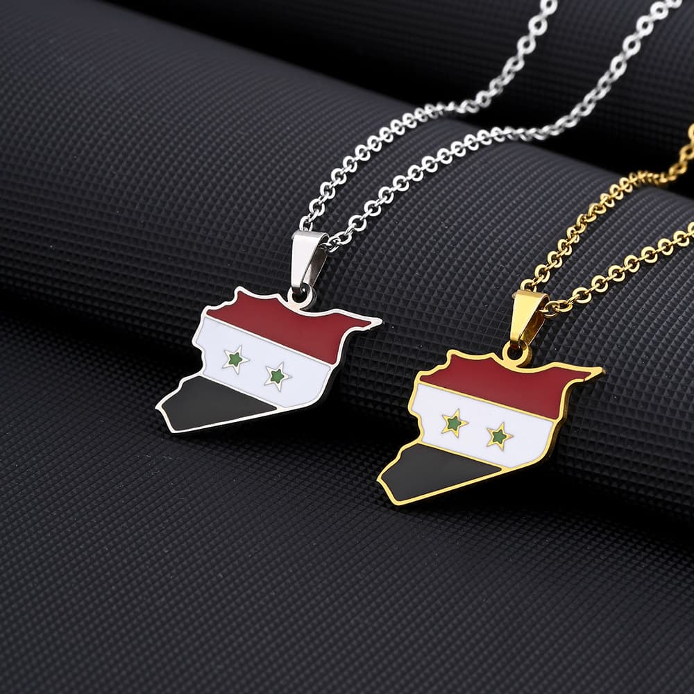 Hot Selling Stainless Steel Syria Map and Flag Necklace Men and Women Couples sweater chain accessories