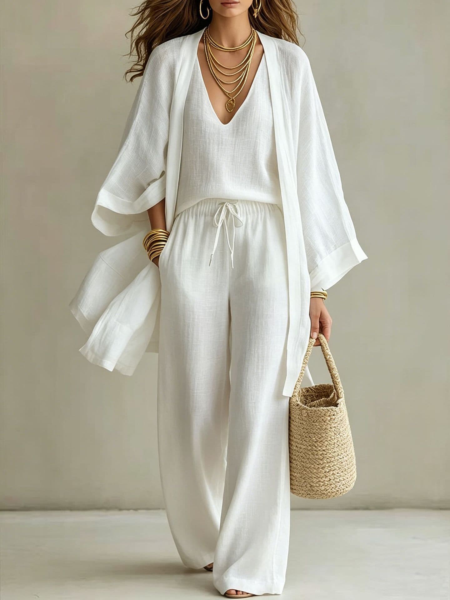Ensemble trois pièces d'été décontracté pour femme, style américain, gilet mi-long ample en coton et lin, sans manches
