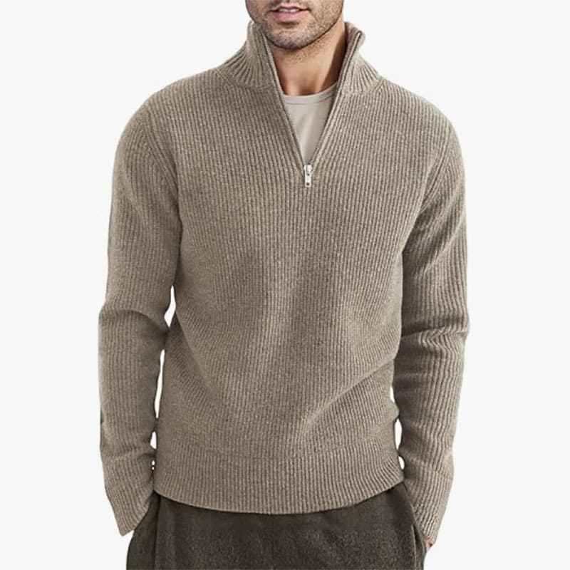​​Men's Winter Knit Sweater With Half-Zip Collar - Thick Warm Pullover, Slim Fit, Machine Washable (Khaki/White/Gray/Black//Brown)​​