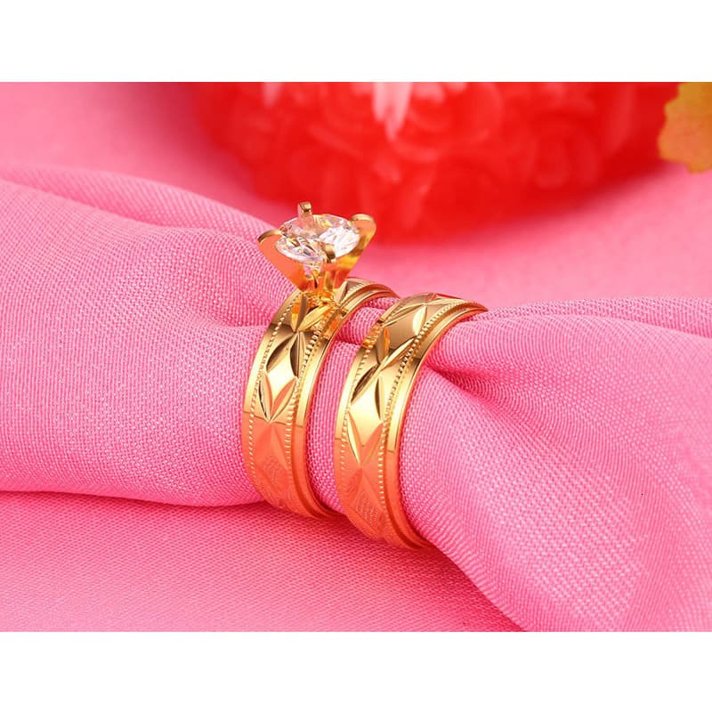 Ready Stock Vnox 2pcs Engagement Wedding Rings Big CZ Stone Gold Color Women Men Promise Jewelry