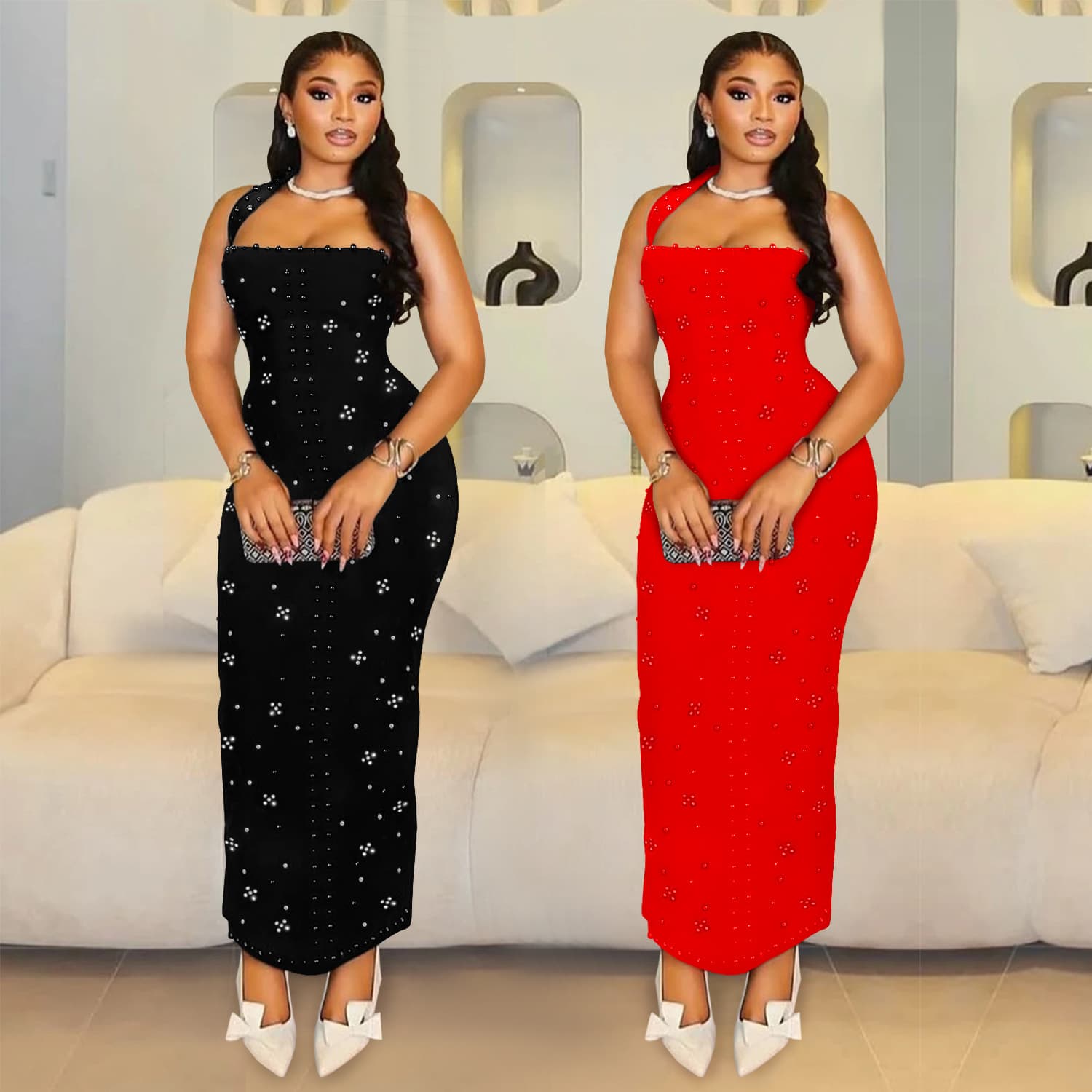 Fashion Women's Clothing Neck Hot Diamond Bubble Bead Slim Hip Dress