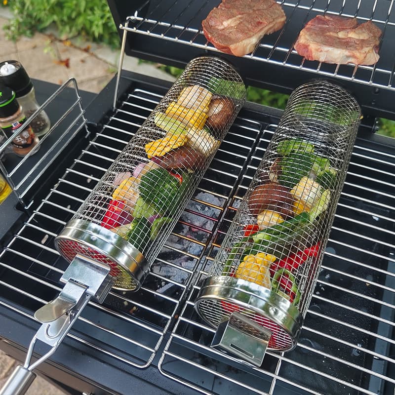 BBQ Stainless Steel Rolling Grill Cylinder Grill Net Smoked Barbecue Round Grill Grill Basket