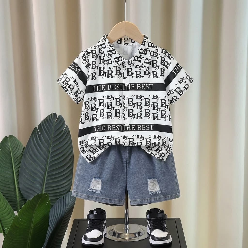 Summer Children's Clothing Set for Boys - Korean Style Loose Denim Shorts & Letter Print Short Sleeved Shirt Two-Piece Outfit