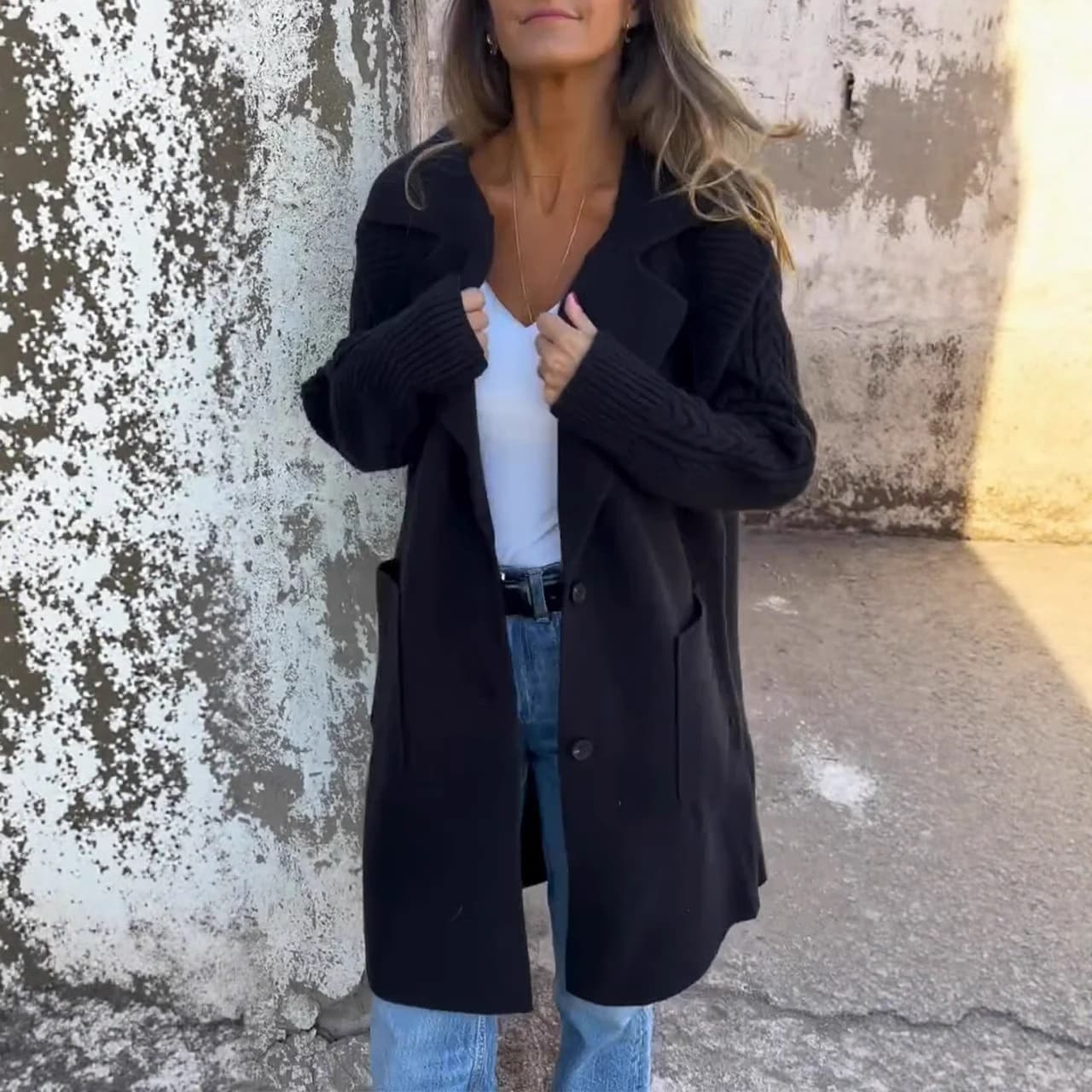 Women's Cable-Knit Blend Coat – Oversized Lapel Jacket (XS-3XL, 90% Viscose, Fall/Winter Essential)