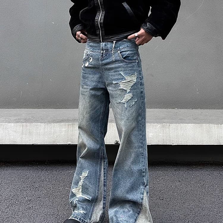 Men's Clothing 2025 American Deconstructed Stitching Double Waist Destroyed Jeans Men's Straight Slim Flared Cleanfit Pants