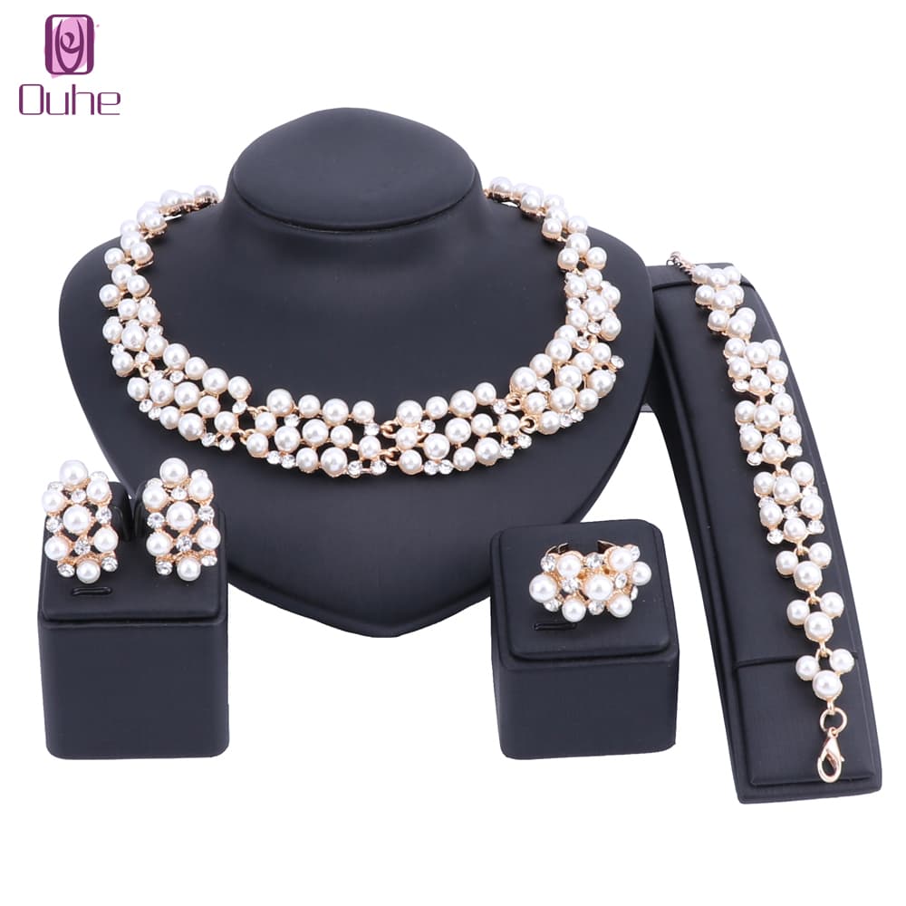 Women Wedding Bridal Party Gold Color Crystal Pearl Necklace Earring Bracelet Ring Costume Accessories Jewelry Sets