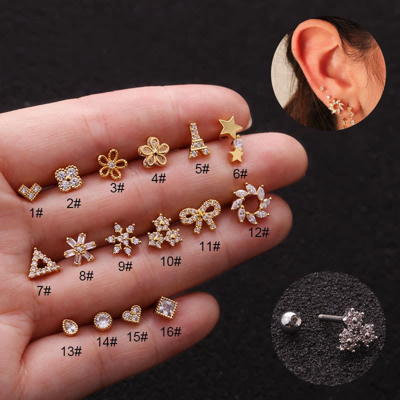 2PCS Earrings, stainless steel screws, earrings, Korean version, flower zircon, sleeping without removing ear bone nails