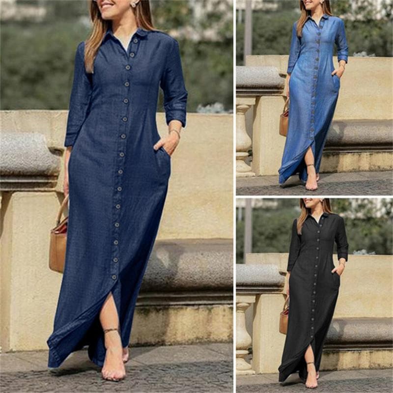 women's clothing, elegant and fashionable, neutral style, long sleeved lapel cardigan, solid color long denim dress