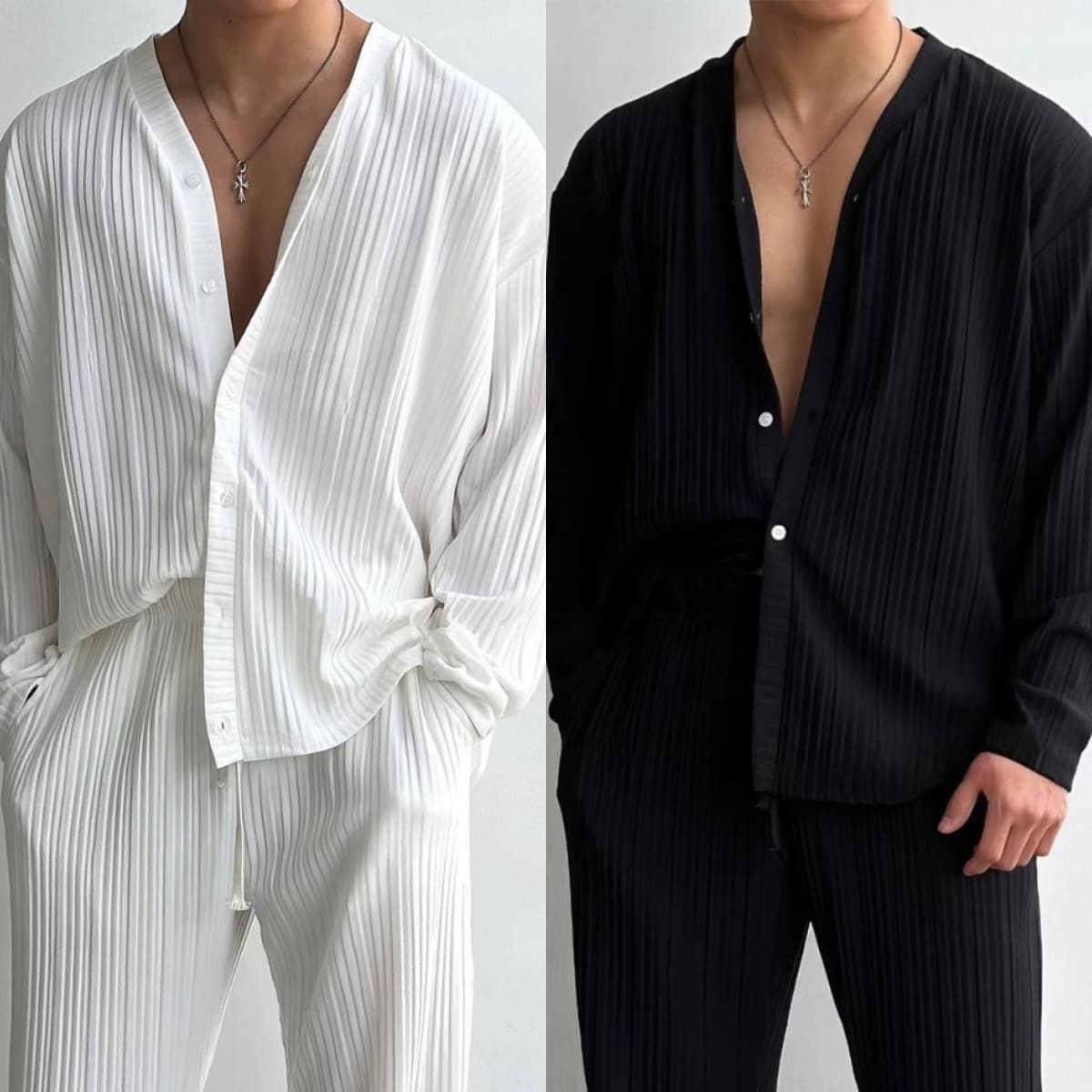 [VogueKnit] Men's Deep V Cardigan Set - Slim Fit Knit Two-Piece | Fashion Lounge Suit