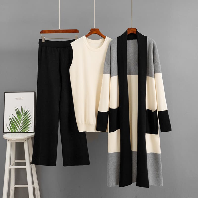 Women's Casual 3-Piece Outfit Set - Long Knit Sweater + Round Neck Vest + Wide-Leg Pants, Comfortable & Stylish Winter Coordinates