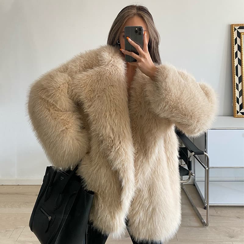 Women's Fashionable And Versatile Lapel Loose Mid-length Faux Fur Coat