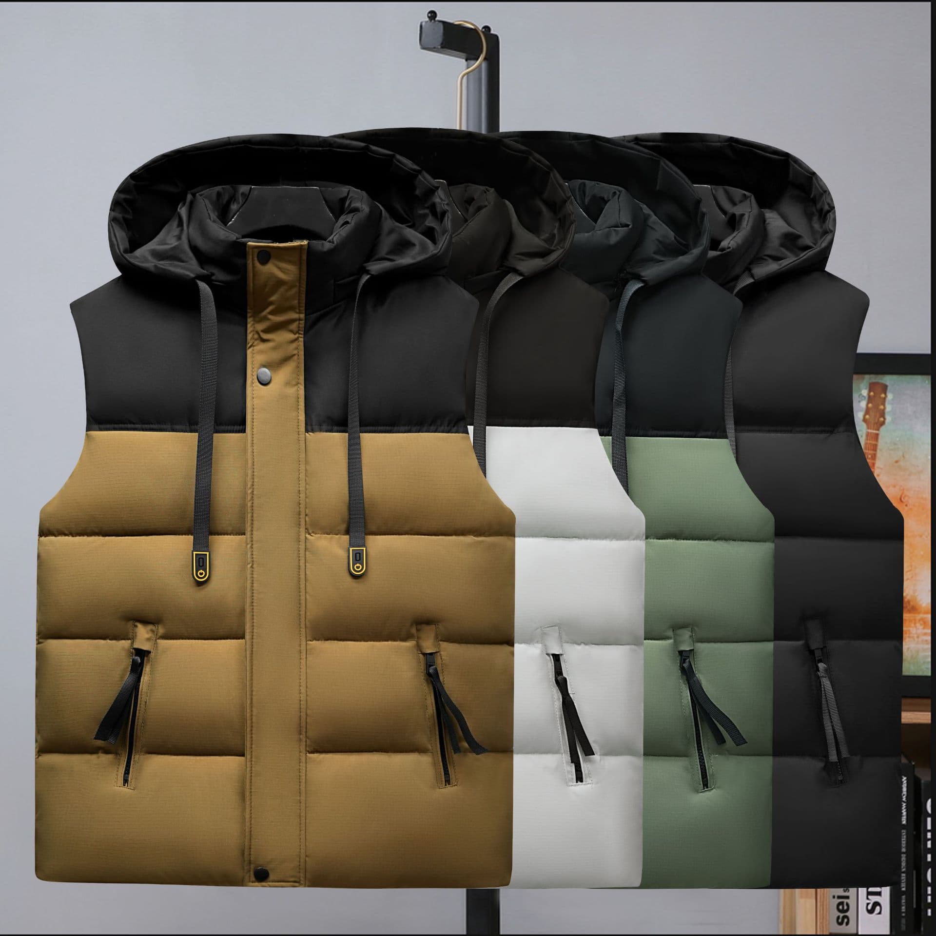 Men's Clothing large size men's cotton vest men's live hood cotton vest color matching casual cotton cotton waistcoat printed loug tide