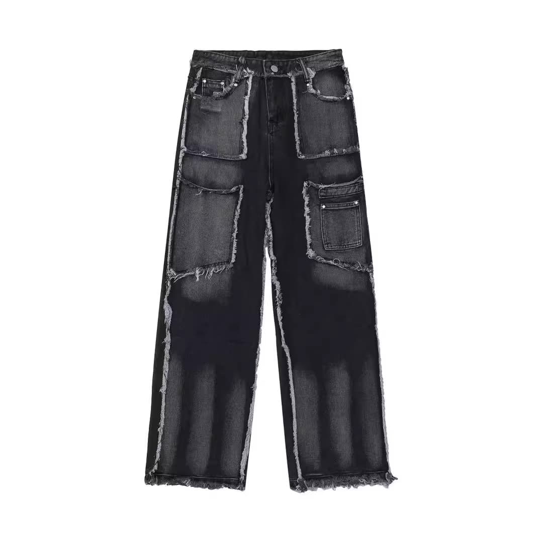 Men's Clothing High Street Niche Design Work Jeans Men's Loose Straight Autumn And Winter Raw Edge Casual Trousers Trend