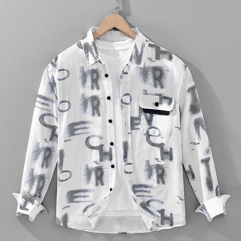 Letter Printed Square Neck Long Sleeved Shirt For Men, Youth, Personalized Pocket, Contrasting Color Cotton Shirt, Men's Fashion