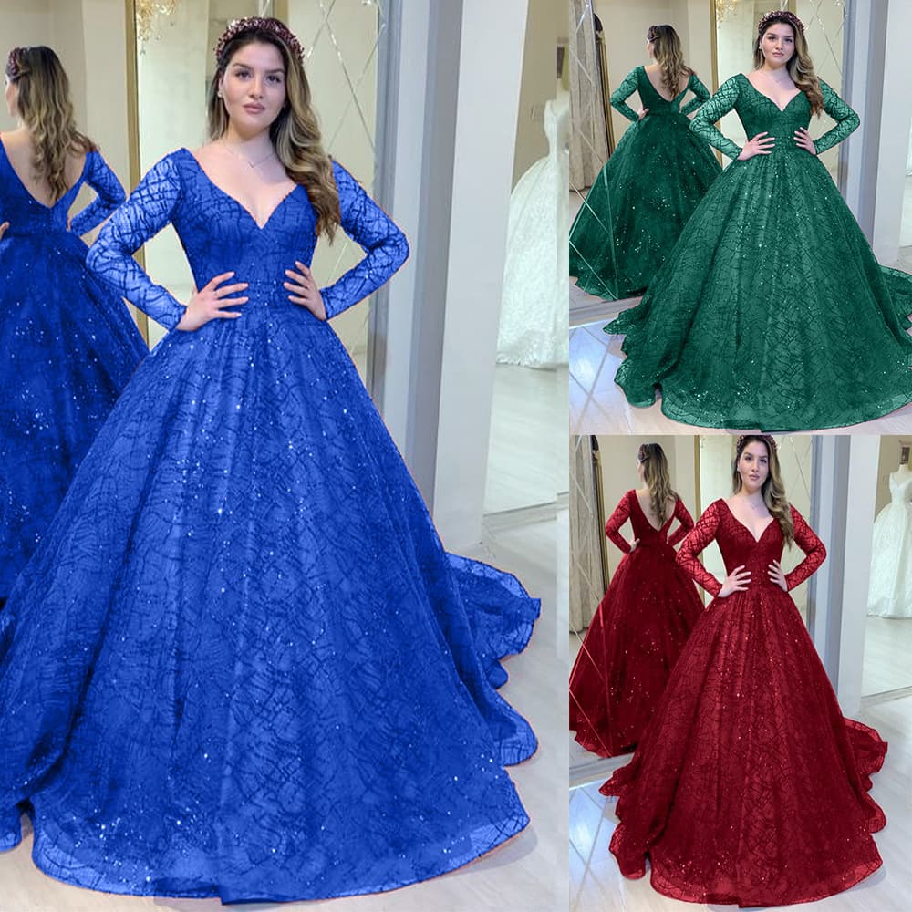 Elegant Blue Wedding Dress With Long Sleeves & Sparkling Sequins – V-Neck Ball Gown For Special Occasions
