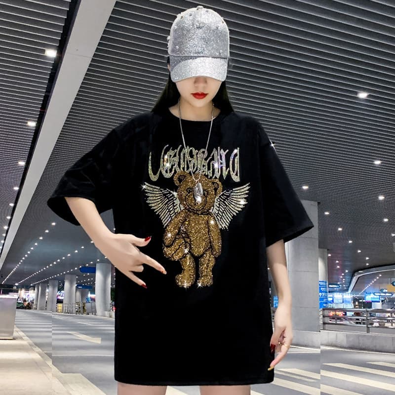 Women's summer loose medium and long short sleeves personality ins trendy brand heavy hot diamond bear large size