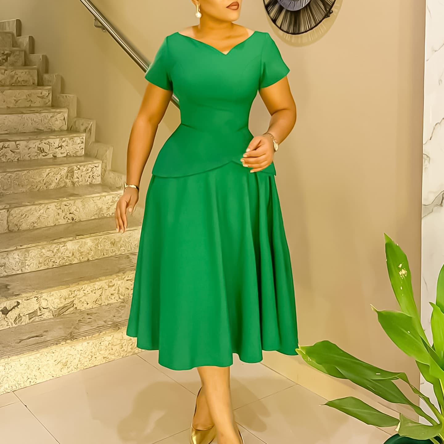Women's Clothing Fashion Solid Color V Neck Short Sleeve A Shaped Large Swing Skirt