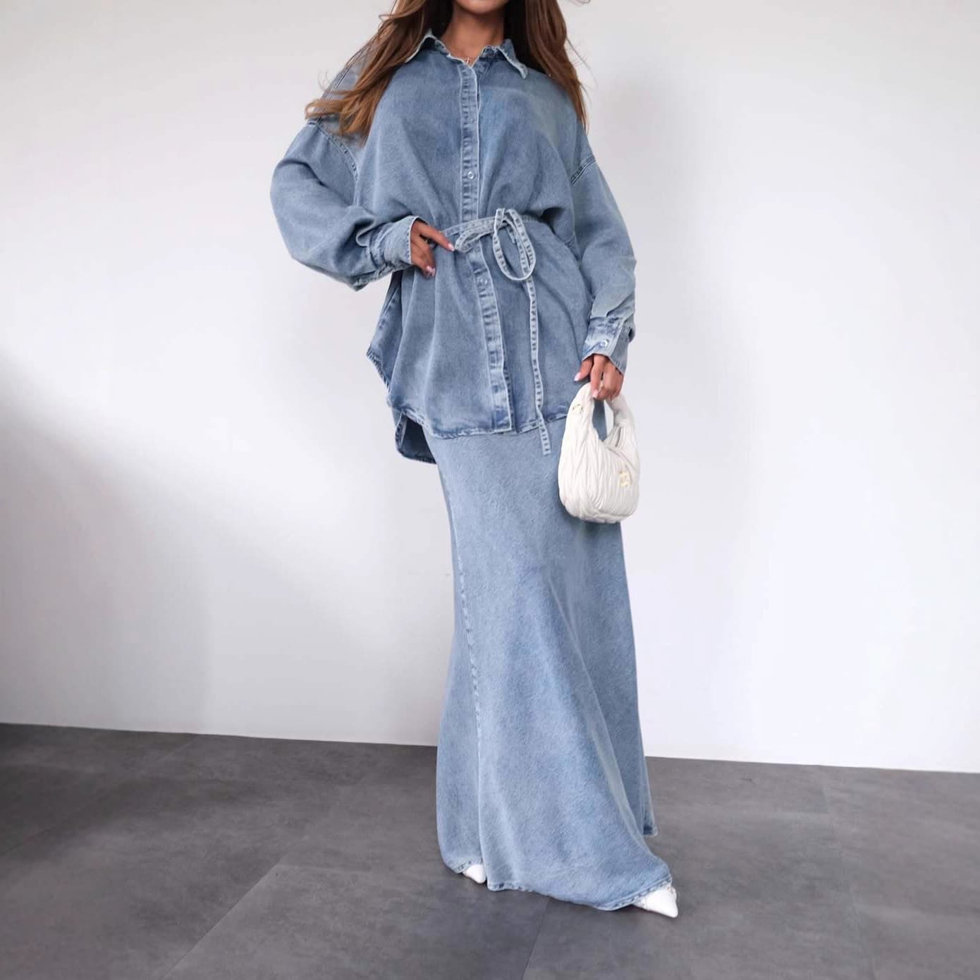 ​Elegant Lapel Button-Down Dress Set – Autumn Office & Casual Outfit (XS-XXXL, Light Blue/Yellow/Brown/Navy, Polyester-Spandex, Belted Waist)​