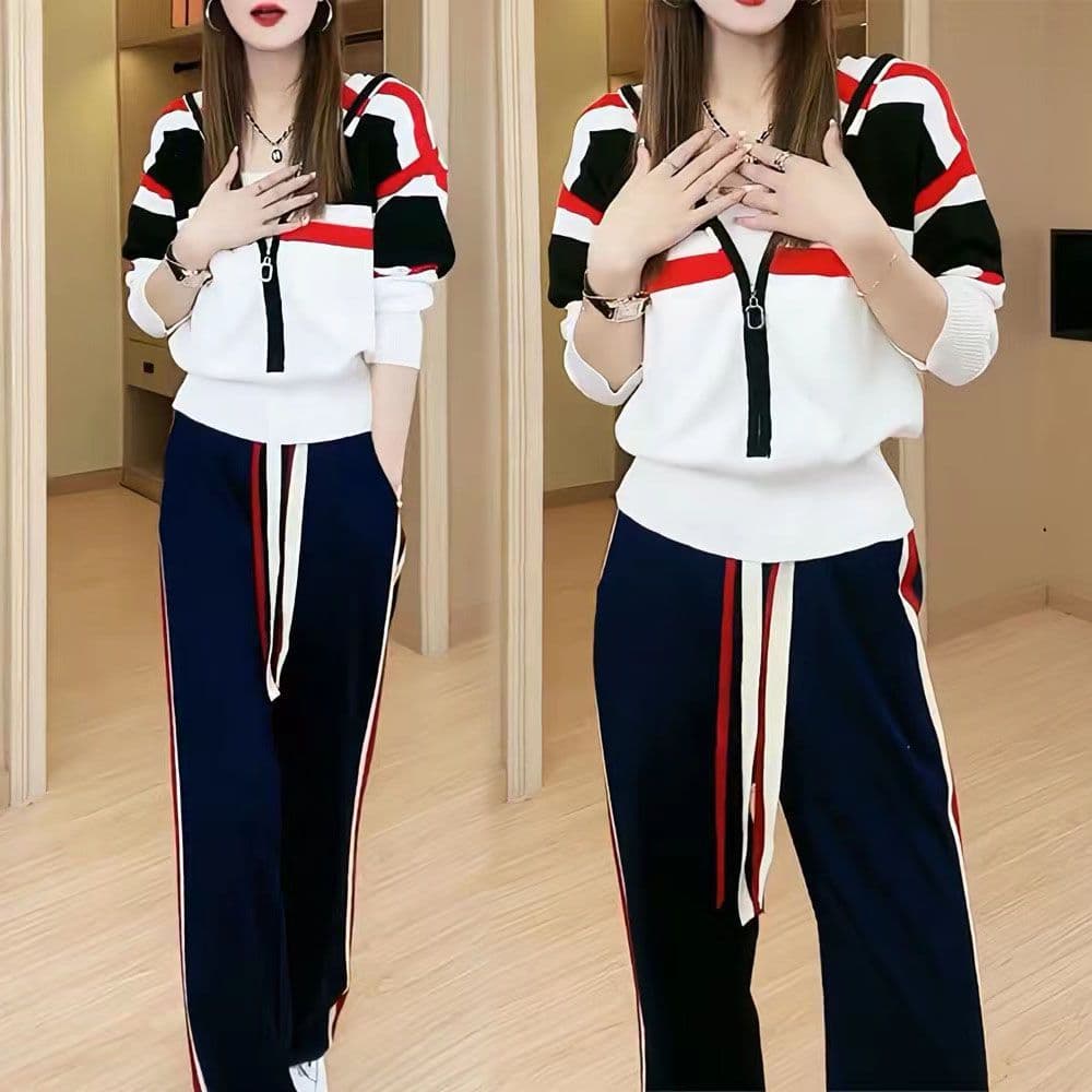 "Women's Stylish Color-Block Tracksuit Set Zip-Up Hoodie & Wide-Leg Pants Casual Autumn Outfit"