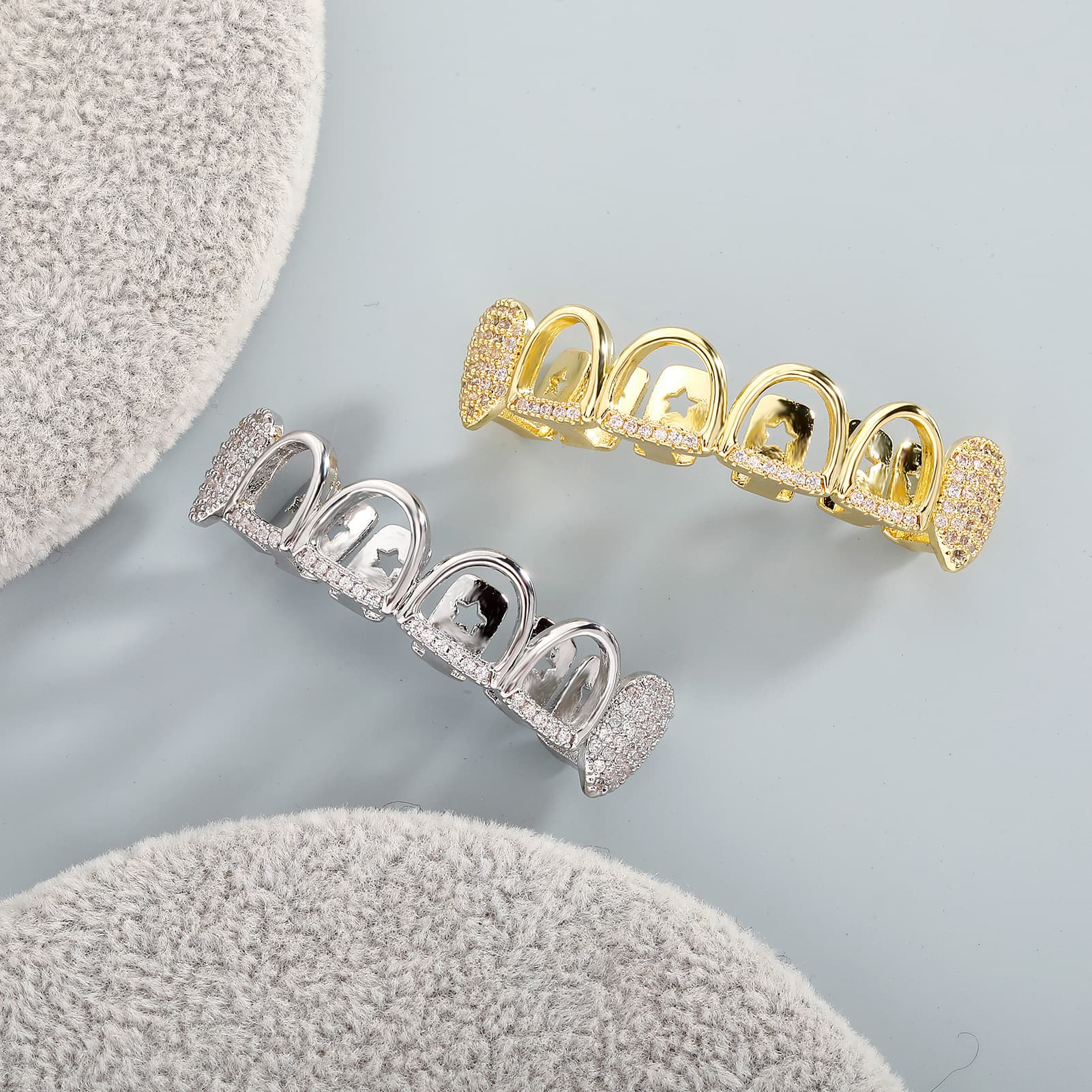Hip Hop Gold Grillz For Halloween Costume Party - Hollow Out Design With Micro Inlaid Zirconia Fang Teeth - Unisex Style - Sizes Upper/Lower/Full Set