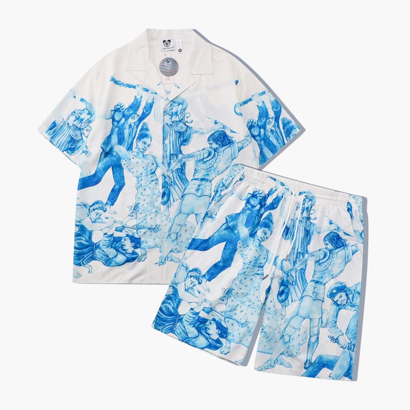 Men's Clothing Spring and summer men's trendy street style youth character digital printing lapel loose casual short-sleeved shirt suit