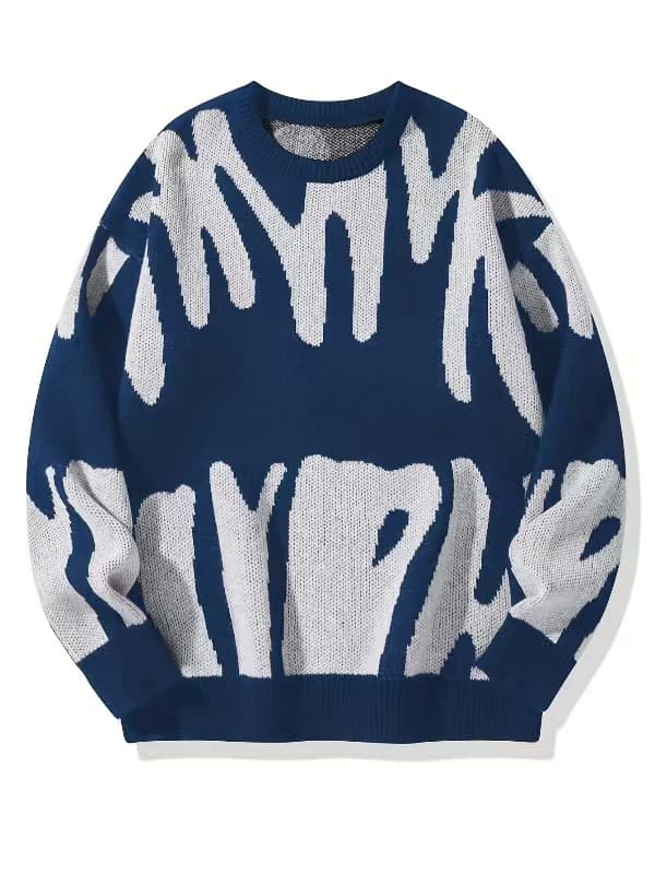 Pull jacquard élégant pour homme - Coupe ample, col rond, manches longues, pour adolescents et adultes (noir/blanc, gris/noir, crème/marron, bleu/