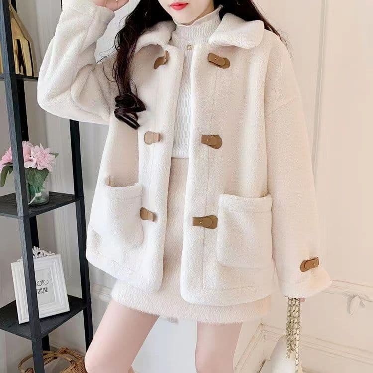 Women's Short Teddy Fleece Jacket - Cozy Winter Coat With Lapel Collar, A-line Silhouette, Multiple Pockets, Available In White & Beige (S-4xl)​