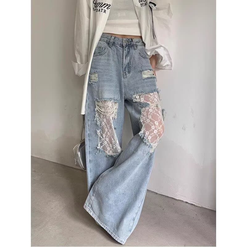 "Women's Relaxed Fit Distressed Straight Leg Jeans – High Waist Wide Leg Pants With Ripped Details For Casual & Streetwear"