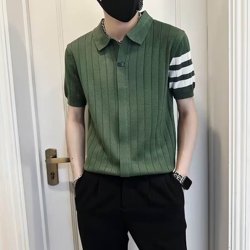 Men's Clothing2024 new men's commuter striped sweater summer high-end green polo shirt men's trendy short-sleeved T-shirt