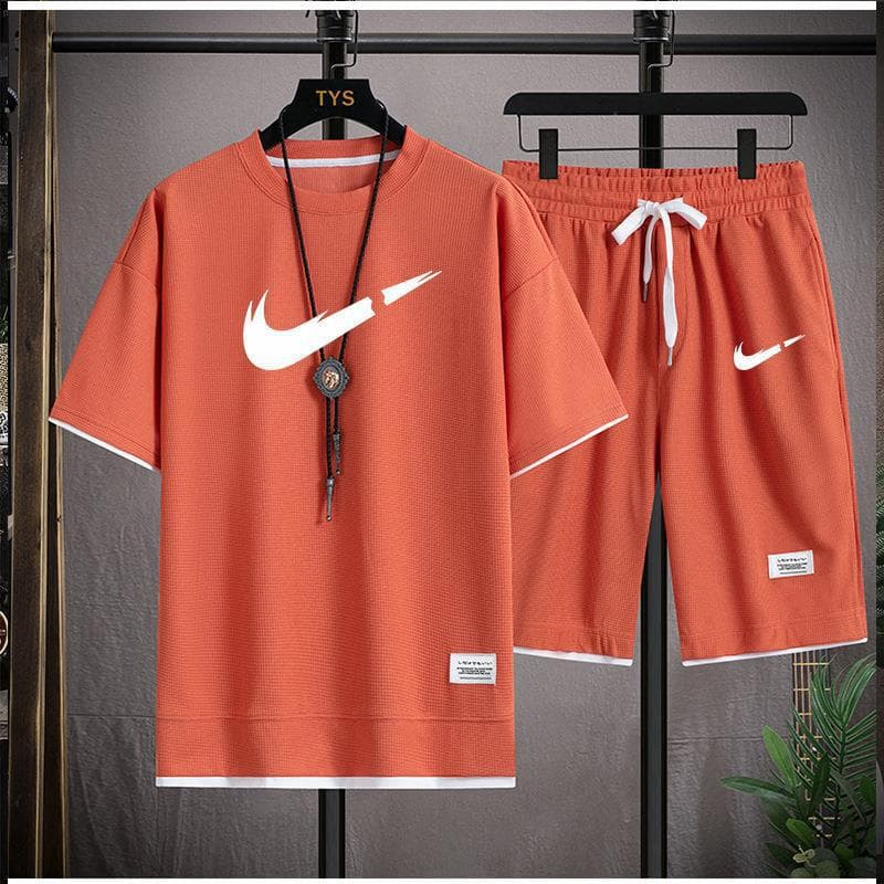 Gaufre T-shirt hommes deux pièces ensemble Couple ample mode grande taille 5/4 pantalon extérieur décontracté