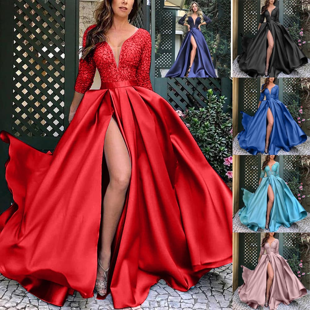 Women's Independent Station Lace Sequins Big Swing Sexy Dress Tail Banquet Evening Dress
