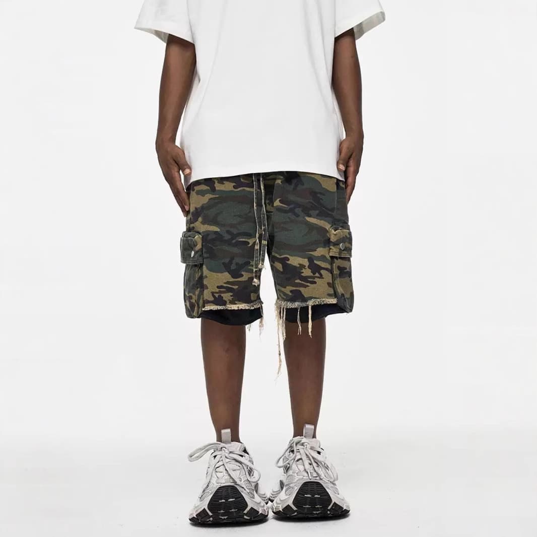 Men's Clothing High Street Washed Raw Edge Distressed Double Layer Retro Workwear Pocket Trendy Camouflage Shorts Summer Shorts Men's Trend