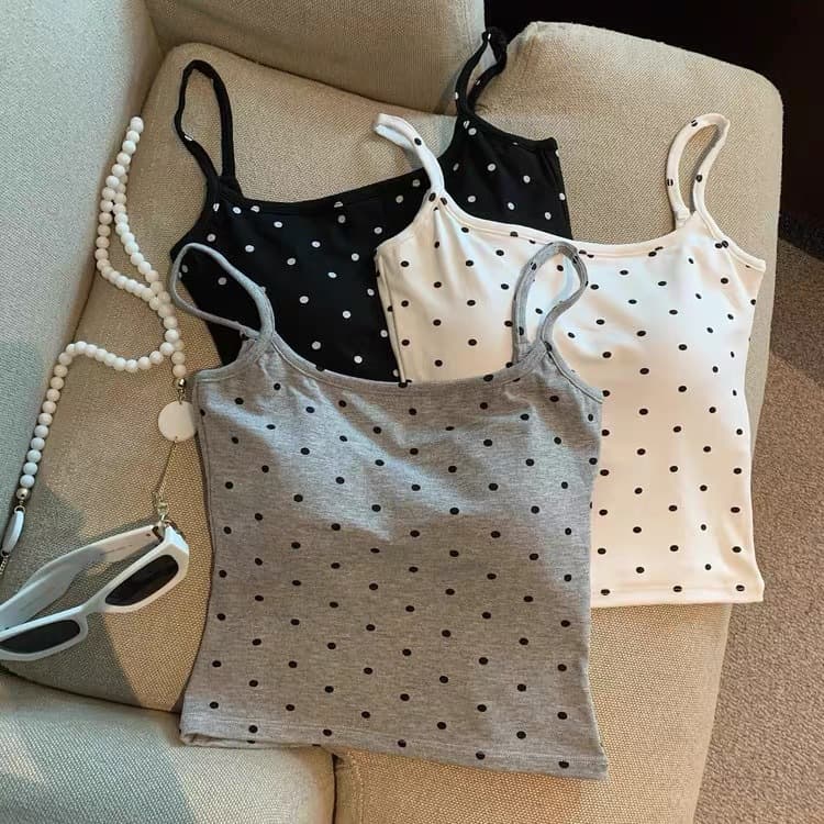 ​Women's Polka Dot Spaghetti Strap Cami Top With Built-in Bra - Sexy Backless Summer Tank For Casual & Night Out​