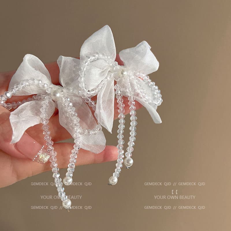 Unisex Super Fairy White Chiffon Romantic Crystal Bow Beaded Tassel Earrings Niche Design High End Temperament Earrings