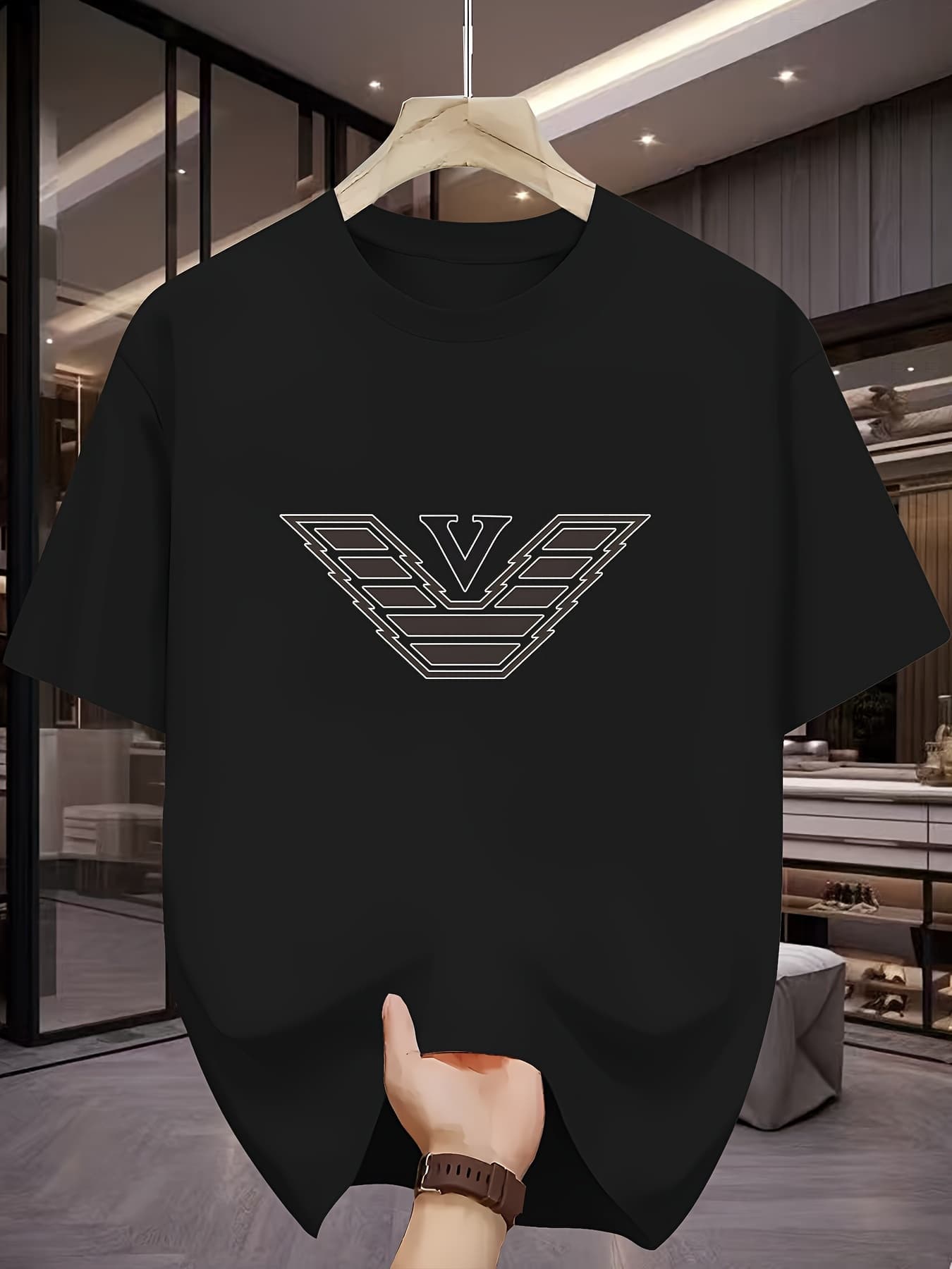 100 Cotton Spring/summer Men's Long Sleeved Round Neck Black T Short Sleeved T-shirt Top Loose Casual Print'V' Logo