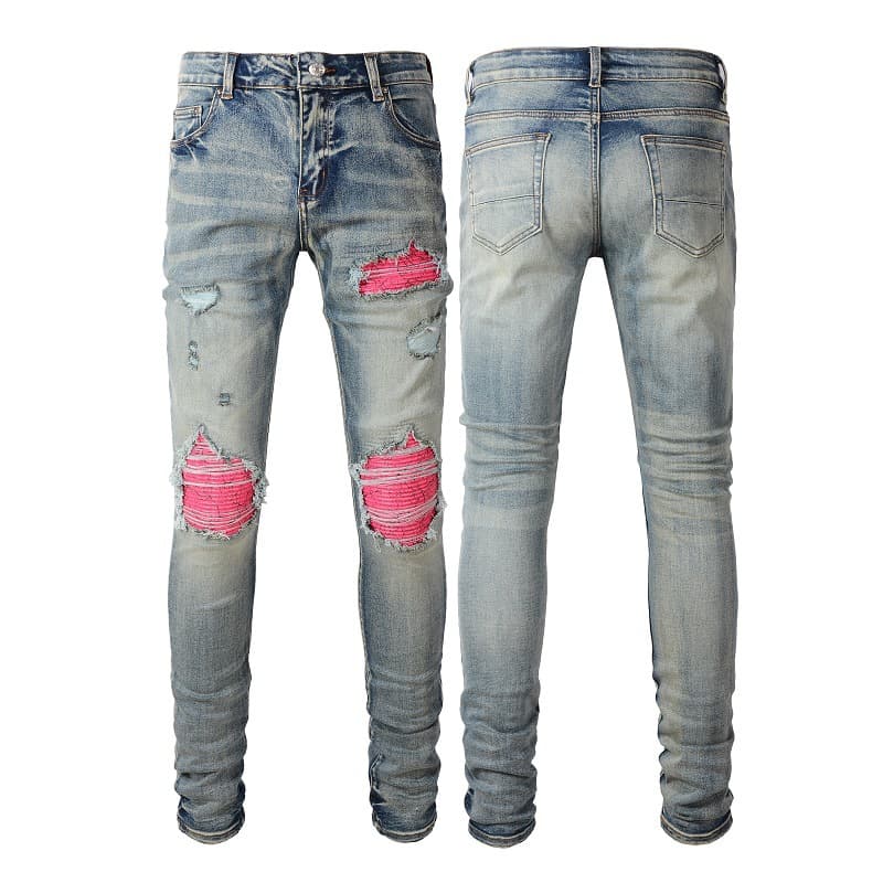 Suitable For All Seasons Men's Light Blue Color Block Distressed Jeans With Patches Stretch Slim Fit Skinny Pants