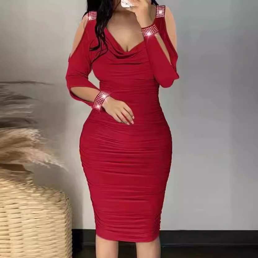 Women’s Clothing Women's Wear Hot Diamond V neck Pleated Tight Skirt Hip Dress