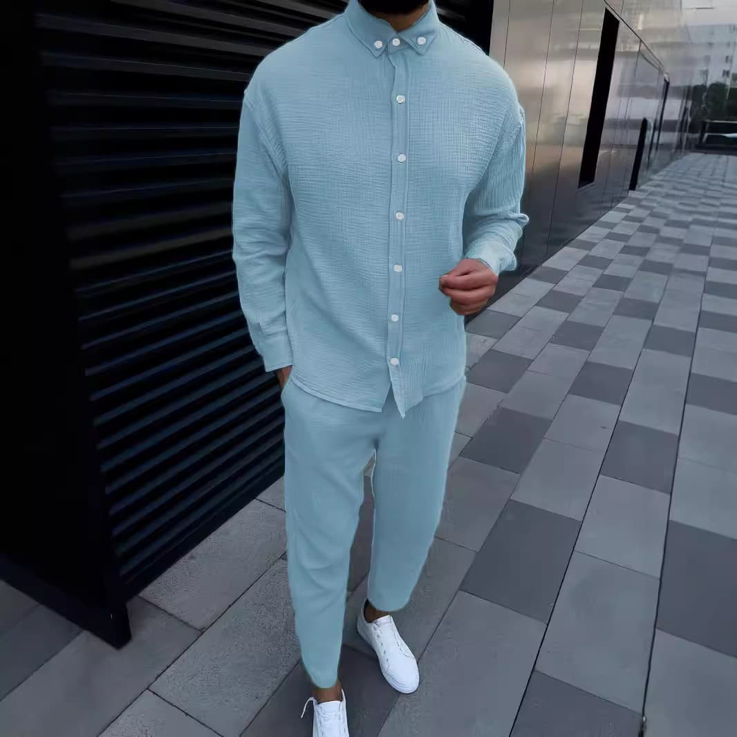 Autumn and winter men's wrinkled bubble casual suit sleeved fashionable workwear long pants two-piece set